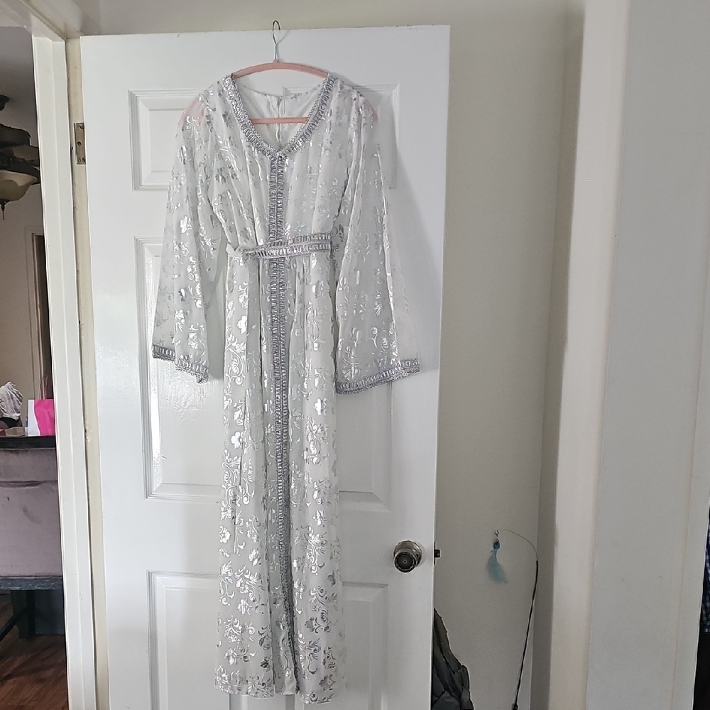 Elegant Silver and White Embellished Gown